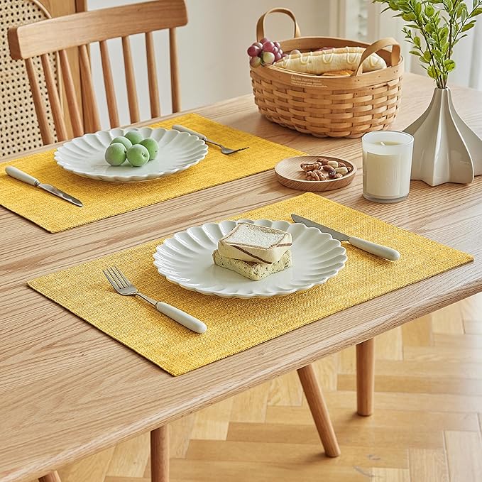 Softalker Faux Linen Placemats Set of 12-12 x 18 Inch, Heat Resistant Double Layered Durable Burlap Farmhouse Place Mats, Non-Slip Washable Rustic Table Mats for Dining, Kitchen, Party（Yellow