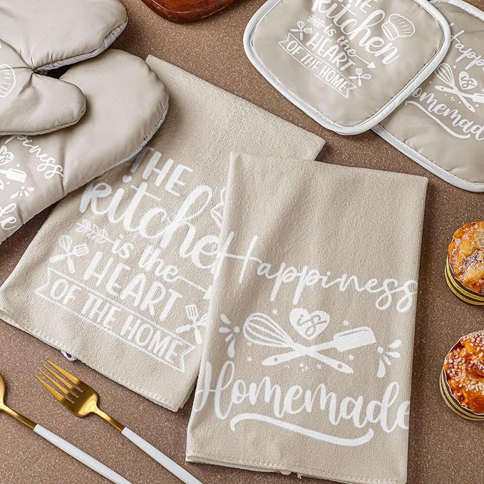Sratte 6 Pcs Kitchen Decor Accessories Set Farmhouse Towels Pot Holders Oven Mitts Set 2 Dish Towels 2 Potholders 2 Cooking Mittens Oven Glove for Christmas Baking Cooking Supply(Beige,Kitchen)
