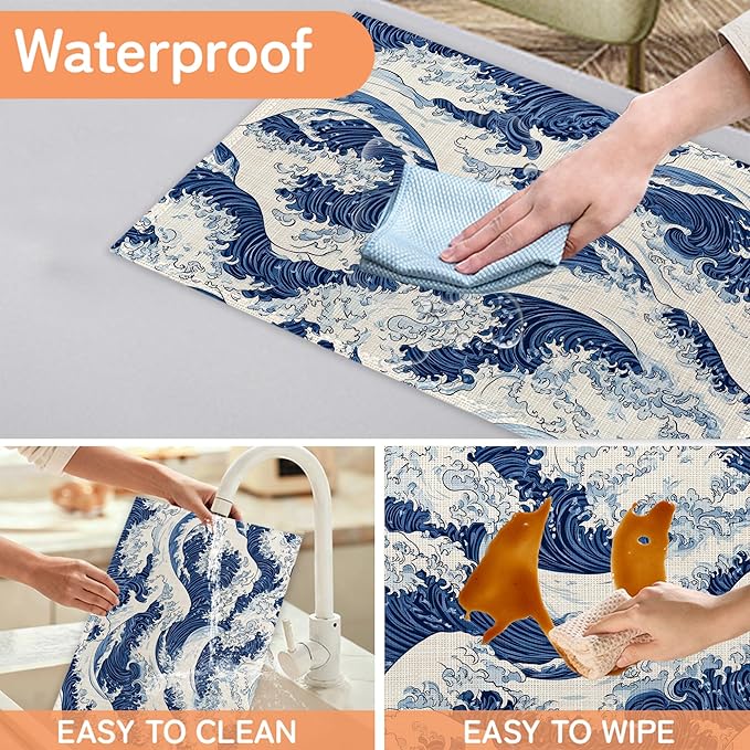 Ocean Wave Placemat Set of 6,Japanese Heat Resistant Linen Table Mats for Indoor Outdoor Home Kitchen Dining Room Table 12x18Inch