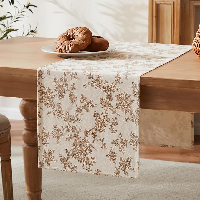 100% Cotton French Pastoral Table Runners, 13x72 Inch Brown Farmhouse Table Runners 72 Inches Long, Vintage Flowers Print Home Decors