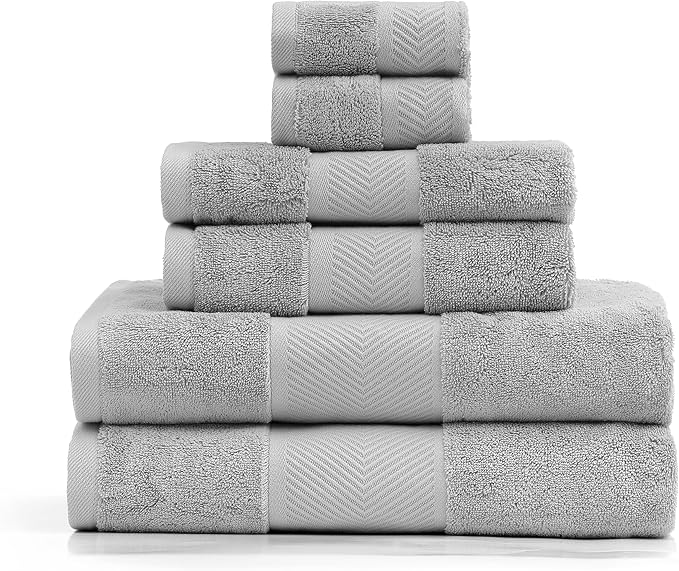 Simple&Opulence Premium 100% Cotton Towel Set 6 Piece，Soft Absorbent Towels for Bathroom,Hotel and Spa,2 Bath Towels 28"x55" 2 Hand Towels 16"x28" & 2 Washcloths 12"x12" (Light Grey)