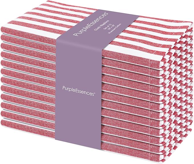 PurpleEssences Plain Striped Cloth Napkins - Set of 12-100% Cotton - 18 x 18 Inch - Spring Easter Summer and Perfect Everyday Use Dinner Napkin - Red and White