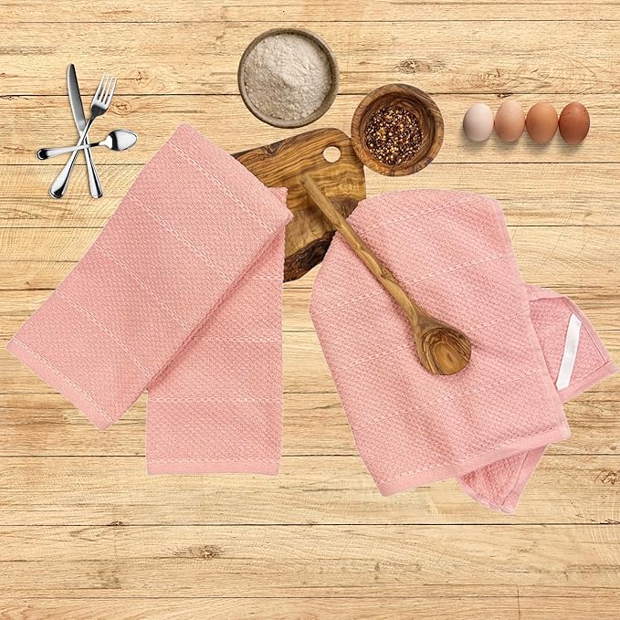 Serafina Home Light Pink Kitchen Hand Dish Towels: Oversized 28" x 18",100% Cotton Cloth Soft Cleaning Drying Absorbent Textured Design, Set of 3 Multipurpose for Everyday Use (Pink)