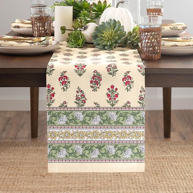 Elrene Home Fashions Nomad Harvest Block Print Fall/Thanksgiving Console Centerpiece or Table Runner, 13"x70"