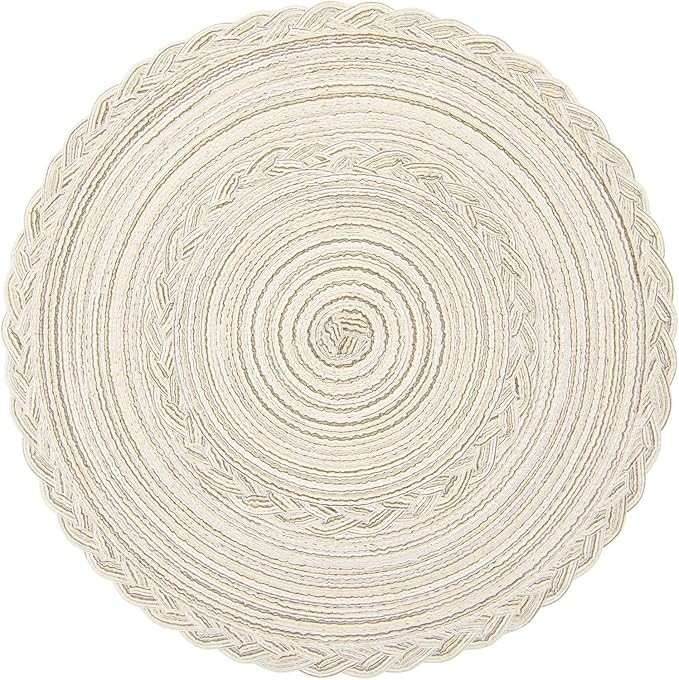 SHACOS Boho Round Placemats Set of 8 Braided Border Round Place Mats 15 inch Washable Dining Table Mats for Home Wedding Holiday Party (Ivory Bordered, 8)