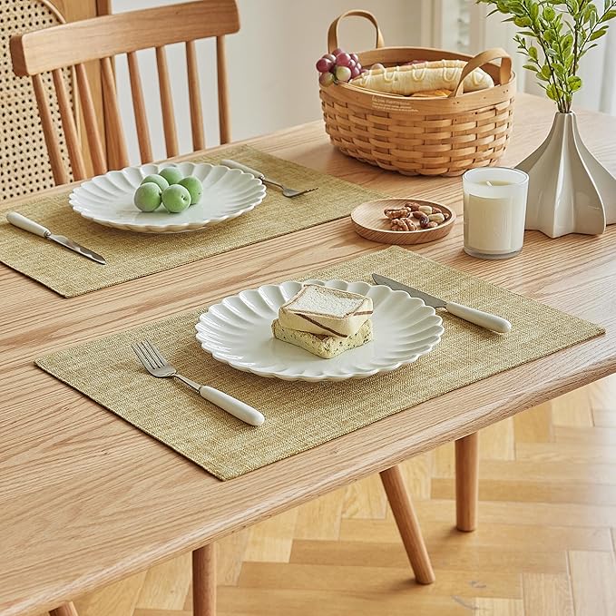 Softalker Faux Linen Placemats Set of 8-12 x 18 Inch, Heat Resistant Double Layered Durable Burlap Farmhouse Place Mats, Non-Slip Washable Rustic Table Mats for Dining, Kitchen, Party（Khaki