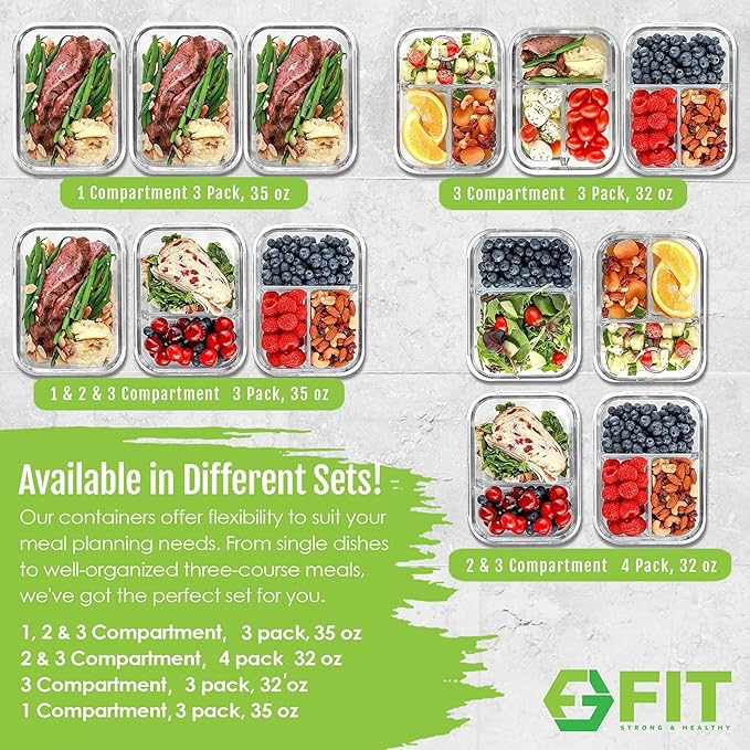 FIT Strong & Healthy Glass Meal Prep Containers, 2 & 3 Compartments – 32 oz Glass Containers with Lids, Food Storage with Black Lids, Oven & Freezer Safe, Leak-Proof Bento Box Adult, 4 Pack