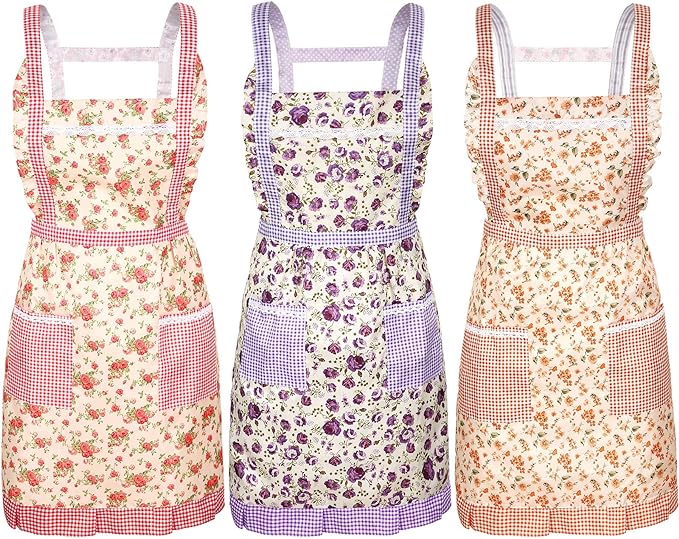 Syhood 3 Pieces Women Floral Aprons with Pockets Vintage Flower Kitchen Cooking Aprons with Adjustable Strap Cute Apron for Kitchen Baking Gardening Household Cleaning Gift Supplies