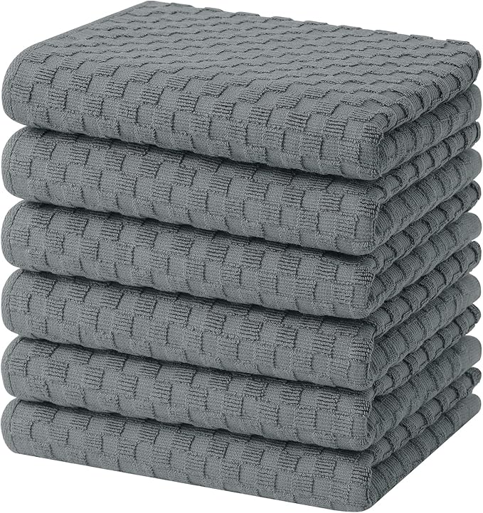Homaxy 100% Cotton Terry Kitchen Towels(15" x 25", 6 Pack), Soft and Super Absorbent Dish Towels, 380 GSM Reusable Tea Towel with Hanging Loop, Pineapple Grid Designed, Dark Grey