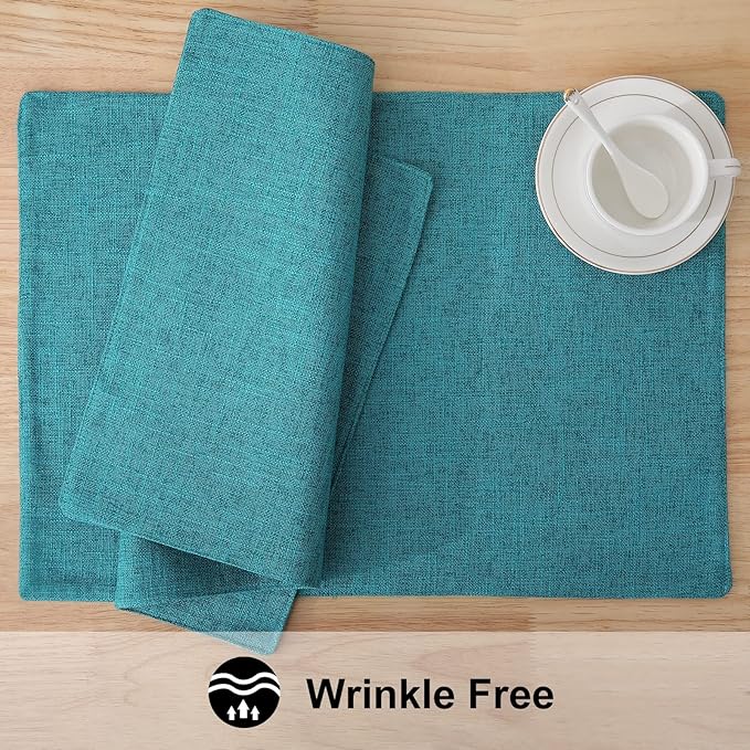 homing Cotton Linen Placemats Set of 4, Cloth Washable Farmhouse Dining Table Mats for Indoors & Outdoors, Easy to Clean, Teal, 13 x 19 Inch