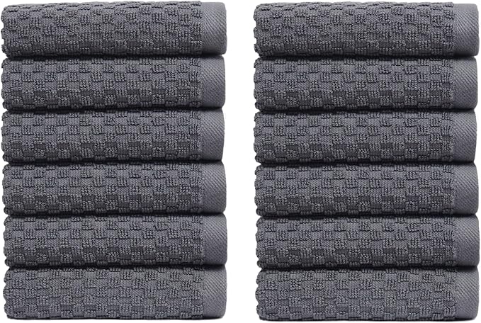 COTTON CRAFT Euro Spa Waffle Wash Cloth - Set of 12 Luxury Pure Ringspun Cotton Waffle Weave Bathroom Face Towel - Everyday Absorbent Hotel Gym Shower Beach Kitchen Travel Dorm - 12x12 inches - Grey