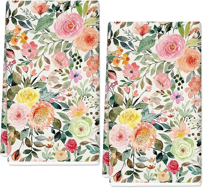 JarThenaAMCS Floral Kitchen Towel Watercolor Flower Dish Towel 18 x 28 Inch Vintage Rose with Leaves Hand Drying Tea Towel for Cleaning Wiping, 2Pcs