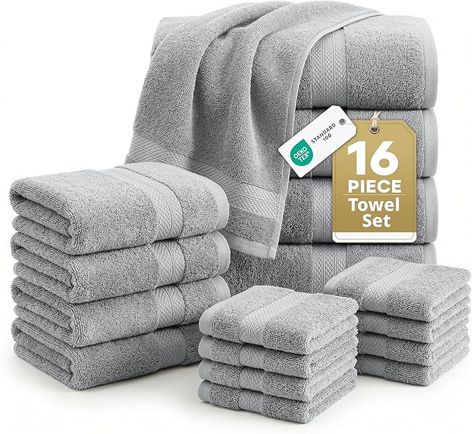 LANE LINEN 100% Cotton Turkish Towel Set for Bathroom - 16 Piece - Super Soft, Quick Dry & Highly Absorbent - 4 Bath, 8 Wash cloths, 4 Hand Towels - Hotel Quality, Durable & OEKO-TEX Certified - Grey