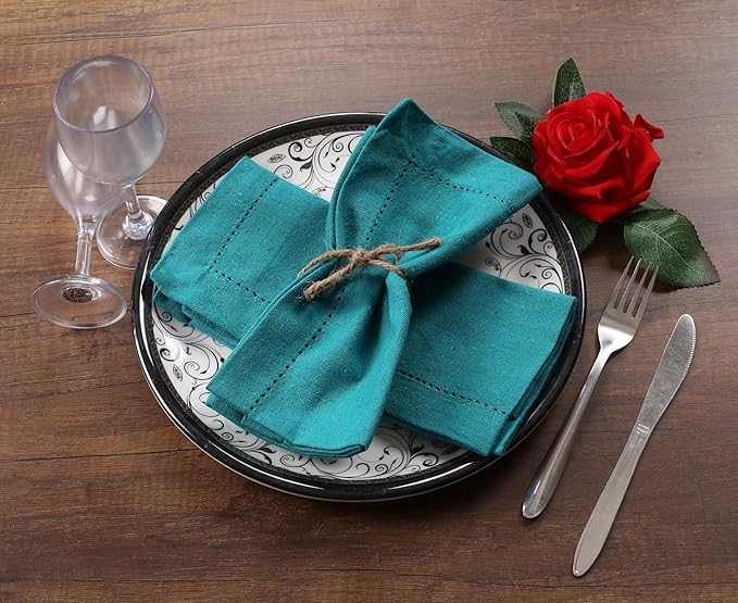Lightnpro Cotton Dinner Napkins Set of 12, Hemstitched Dinner Cloth Napkins with Metred Corners, Washable and Reusable for Dining, Parties, Weddings, Holiday & Everyday Use - 18x18 Inch Teal