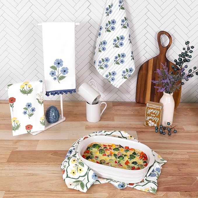 Ritz 100% Cotton Kitchen Towels, Blue Trellis Floral – 16"x26" – Absorbent Dish Towels for Drying & Cleaning – Soft & Durable (Set of 4)