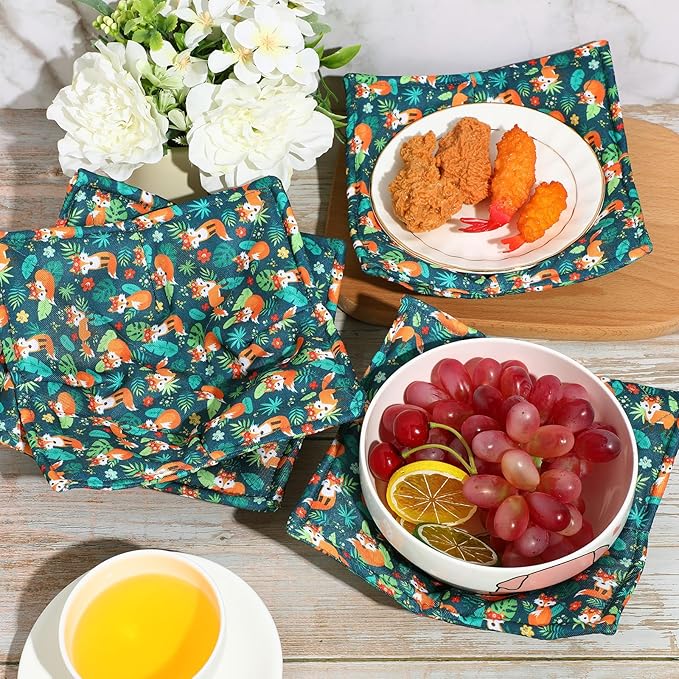 Cunhill 4 Pcs Cotton Microwave Bowl Cozy Holders for Hot Food Hot Pads Soup Bowl Potholders Heat Resistant Multipurpose Quilted Safe Holders for Kitchen Plate Supply(Dark Green,Fox Style)