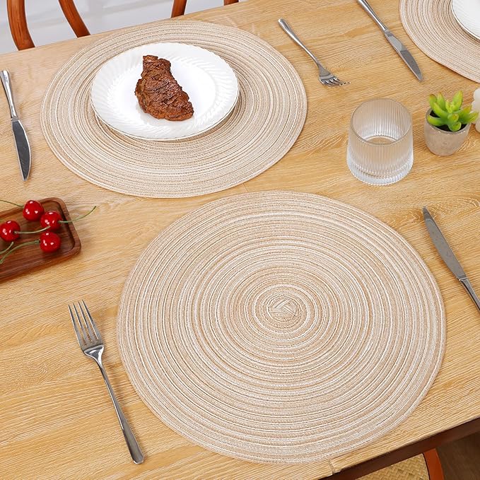 SHACOS 15 inch Beige Round Placemats Set of 12 for Dining Table Woven Braided Circle Place Mats Kitchen Placemat Washable Table Mats