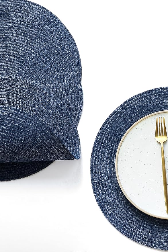 Floroom 15 Inch Round Braided Placemats Set of 6, Washable Heat Resistant Cotton Polyester Circle Place Mats for Kitchen Dining Table - Navy Blue