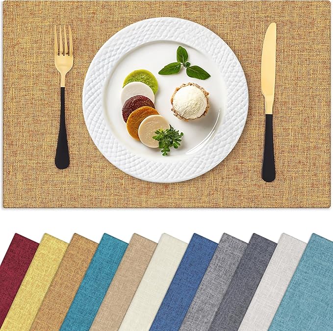Homaxy Cloths Placemats for Dining Table Set of 8, Heat Resistant Washable Cotton Linen Blend Table Mats, Easy to Clean Place Mats for Indoor Outdoor Party Kitchen Decoration, 13" x 19", Amber