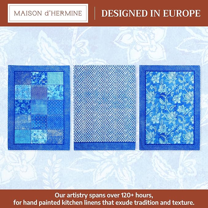 Maison d' Hermine Kitchen Towels Set of 3 100% Cotton 27.50" x 20" Reusable Cloth Tea Dish Towels Absorbent with Hanging Loop for Kitchen Gifts for Mothers Day Spring/Summer (Indigo Love)