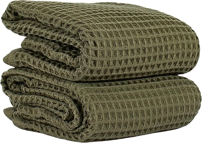 PÜSKÜL Natural 100% Turkish Cotton Waffle Bath Towels Set of 2-Piece | 32x63 inch Extra Large Absorbent Quick-Dry Lightweight Spa Towel | Honeycomb Weave Towel (Khaki Green Bath Towels - Pack of 2)