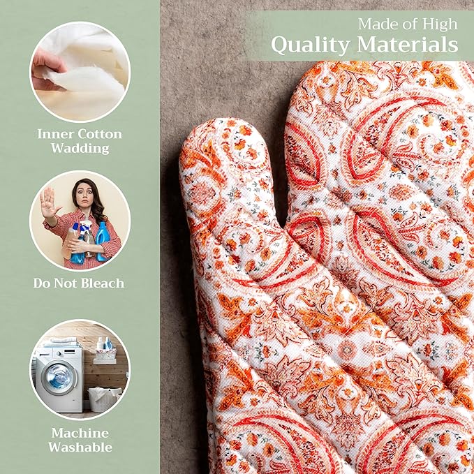 Maison d' Hermine Oven Gloves 100% Cotton Oven Mitt 7" x 13" with Loop Heat Resistant BBQ Cooking Gloves for Thanksgiving Christmas Decorations Baking Handling Hot Pans (Pack of 1, Orient)
