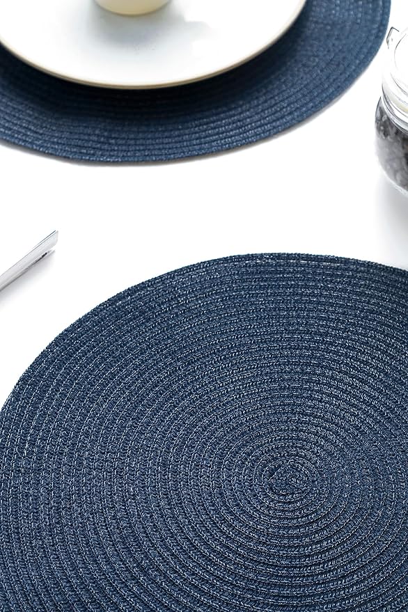 Floroom 15 Inch Round Braided Placemats Set of 6, Washable Heat Resistant Cotton Polyester Circle Place Mats for Kitchen Dining Table - Navy Blue