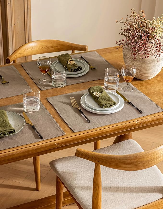 Linen Dining Table Placemats Set of 6 Indoor Brown Plate Placement Mats Farmhouse Cloth Place Mats Water Repellent Heat Resistant 12x18 Inch