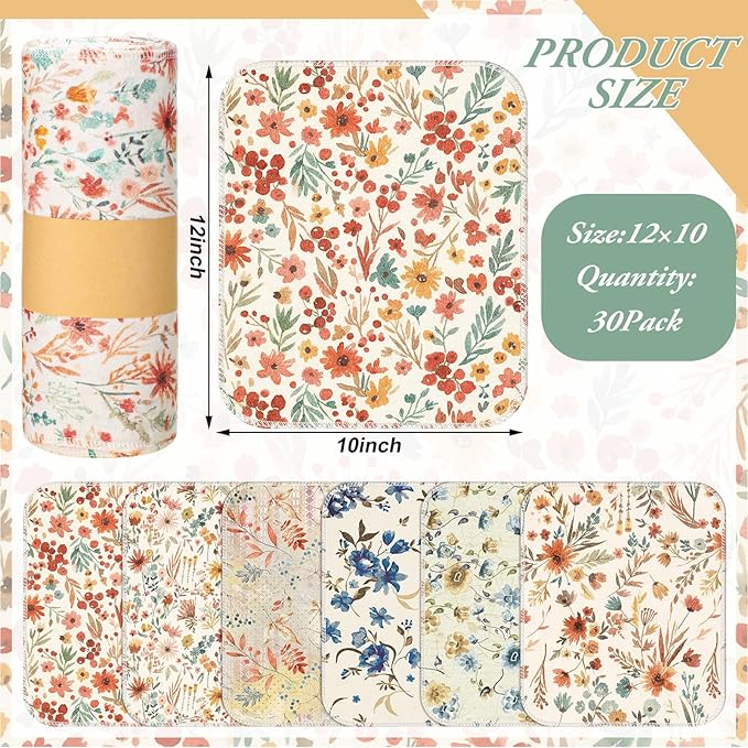 Redbaker 30 Pcs Reusable Paper Towels Rolls Towels Bulk Kitchen Washable Paperless Cloth Cotton Hand Napkins with Cardboard Reusable Napkins for Kitchen Bathroom (Vintage Flower)
