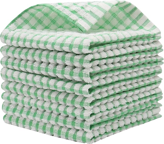 Cotton Cleaning Rags Terry Dish Cloths for Washing Dishes, Set of 8 Dish Rags for Cleaning, Light and Soft Dish Towels for Kitchen Drying Dishes, 11.8 Inch x 11.8 Inch (Green)