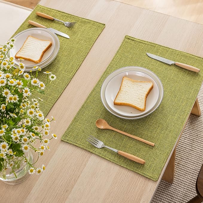 Kevin Textile Spring Burlap Linen Placemats Set of 4 Heat Resistant Dining Table Place Mats Washable Kitchen Table Mats, 13 x19 inches, Linden Green