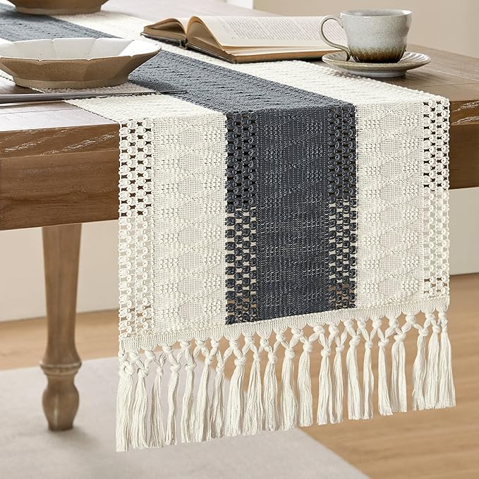 ZeeMart Macrame Style Bicolor Stitching Table Runner, 14 x 60 Inch Charcoal/Ivory, Boho Dark Grey Table Runners 60 Inches Long, Farmhouse Woven Home Decor