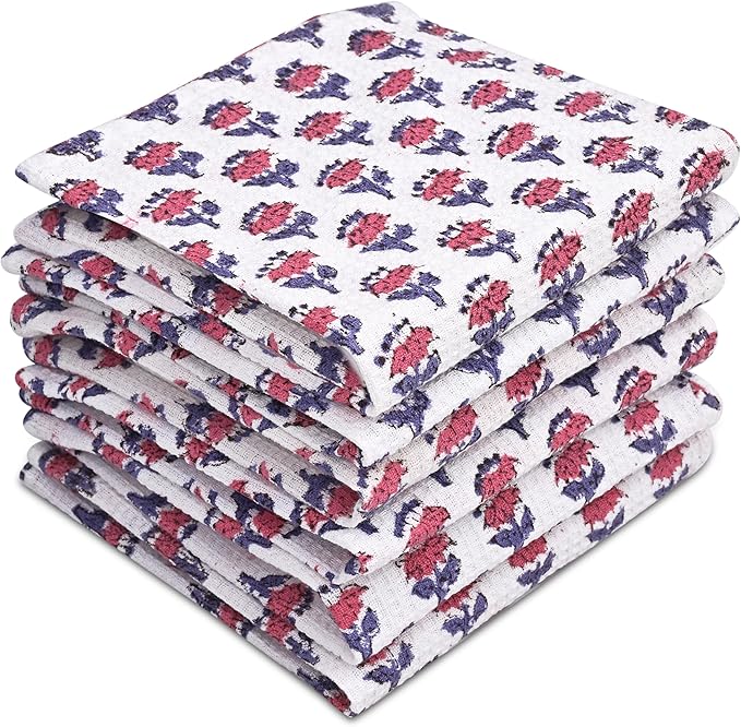 CPC Pink Sapphire Hand Block Printed Cotton Waffle Dish Cloth Set of 6-12x12 Inch Super Absorbent, Soft, Reusable Kitchen Towels for Dish Drying & Cleaning Ideal for Spring, Mother's Day