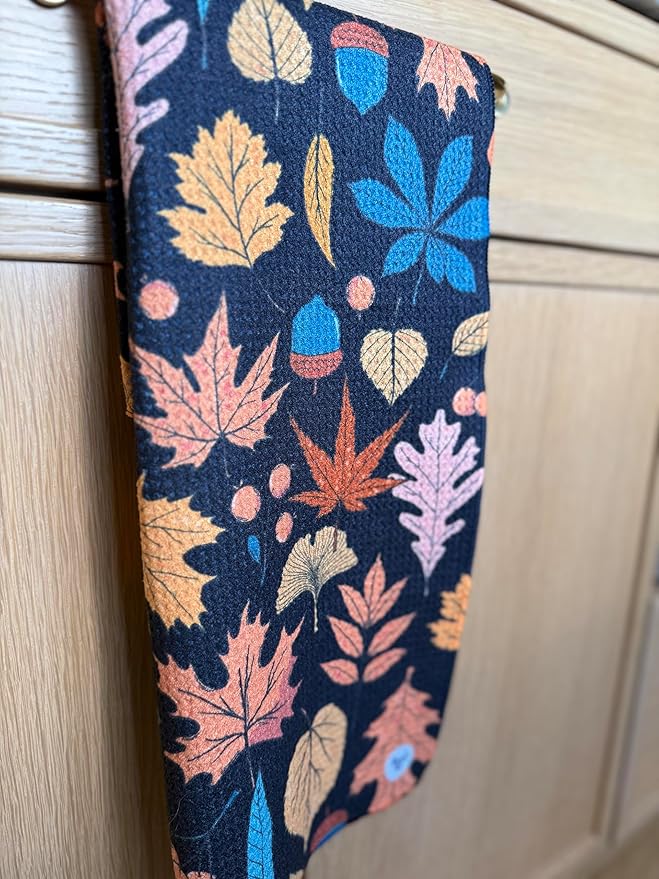 2 Pack || Double Sided|| Not Your Ordinary Kitchen Towels || Dish Towels || Quick Dry || Waffle Weave Microfiber || Designer Prints || Highly Absorbent || Hanging Hook (Fall Leaves Black)