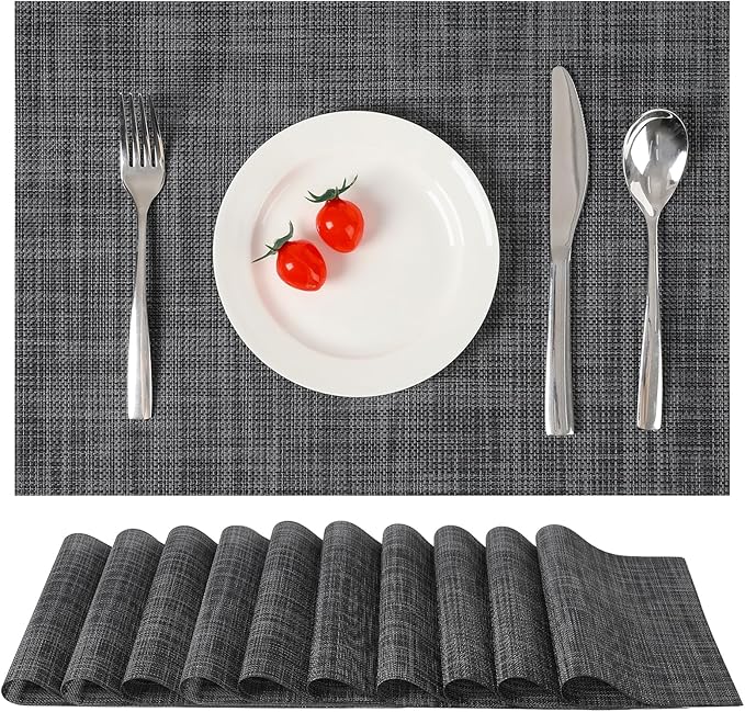 Myir JUN Placemats Set of 10, Vinyl Woven Placemats Place Mats Indoor Set of 10 Washable Table Mats Non-Slip Place mats for Dining Table (Dark Gray-Black)