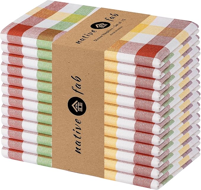 Native Fab Multi Check Cloth Napkins - Set of 12, 100% Cotton, 16x16 inch, Soft, Absorbent, Washable & Reusable Table Napkins for Dinner, Holiday, Farmhouse, Gift - Burgundy, Yellow, Rust, Green