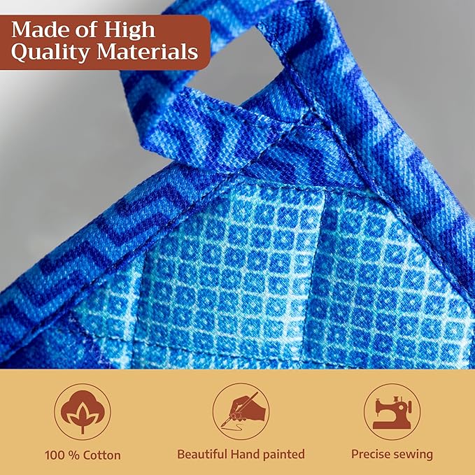 Maison d' Hermine 100% Cotton Oven Mitt & Pot Holder Set (7.5"x13" & 8"x8") Heat Resistant BBQ Cooking Gloves with Loop Baking Grilling Kitchen Gifts for Mothers Day Spring/Summer (Indigo Love)