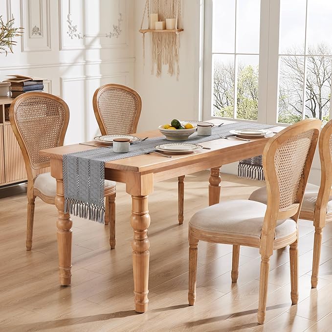 ZeeMart Macrame Style Boho Table Runner, Blue Grey Table Runners 108 Inches Long, Farmhouse Woven Home Decor, 12x108 Inch, Light Blue Grey
