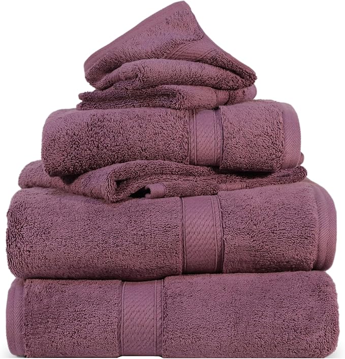 SUPERIOR Egyptian Cotton Pile 6 Piece Towel Set, Includes 2 Bath, 2 Hand, 2 Face Towels/Washcloths, Ultra Soft Luxury Towels, Thick Plush Essentials, Guest Bath, Spa, Hotel Bathroom, Plum