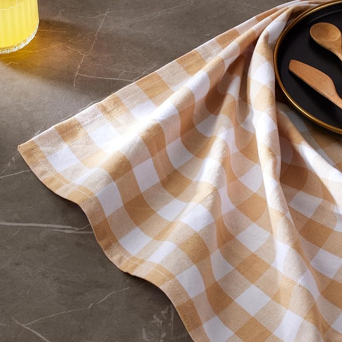 Cloth Napkins Set of 12, 100% Cotton Dinner Napkins 18x18 Inch, Soft Absorbent Gingham Check Napkin for Restaurant, Table Décor, Reusable Washable for Everyday Use - Beige/White