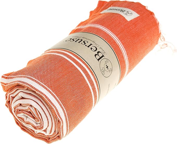 Bersuse Towels Anatolia XL Beach Blanket Throw Blanket Turkish Towel 100% Cotton Extra-Large Quick-Dry Lightweight Premium Peshtemal Towel - 61x82 Inches, Dark Orange (Set of 6)