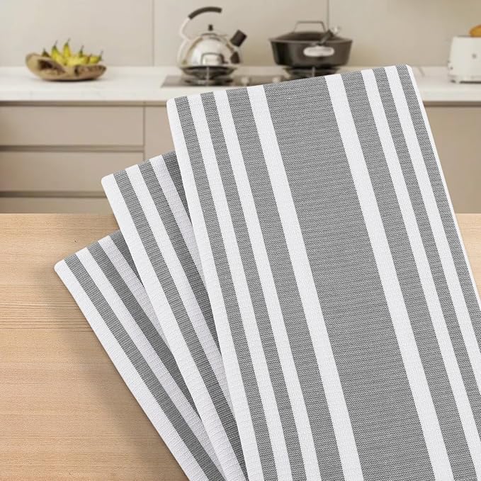Homaxy Premium Kitchen Towels 18”x 28”, Large Cotton 380 GSM Kitchen Hand Towels, Stripe and Terry Dish Towel, Highly Absorbent Tea Towel Set with Hanging Loop, 8 Pack, Grey