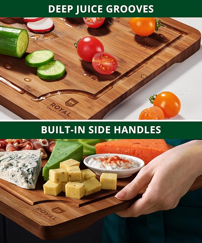 ROYAL CRAFT WOOD Wooden Cutting Boards for Kitchen Meal Prep & Serving - Bamboo Wood Serving Board Set with Deep Juice Groove Side Handles - Charcuterie & Chopping Butcher Block for Meat
