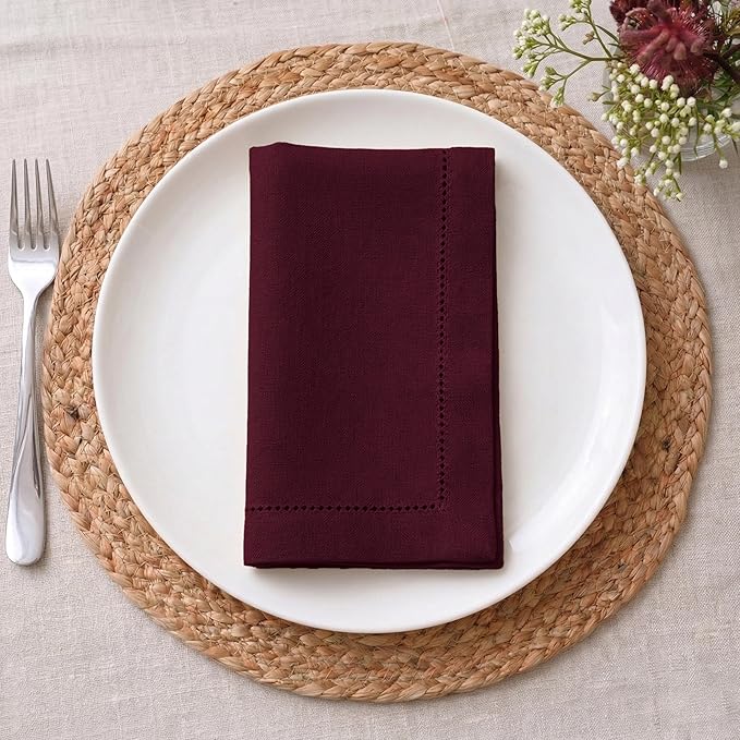 Palisa Burgundy Cotton Napkins Set of 12 | Premium Hemstitch Detailing Cloth Dinner Napkins 18x18 Inch | Soft Washable & Reusable Table Napkins for Everyday Use Weddings Parties Restaurants & Hotels