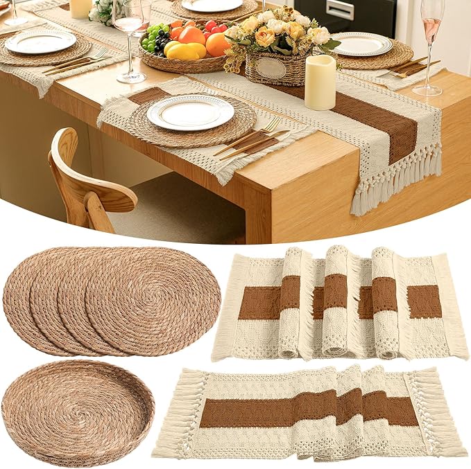 Boho Placemats 4/6/8 Set of Round Woven Placemat Macrame Style Bicolor Stitching Long Table Runner Farmhouse Rustic Natural Burlap Cotton for Kitchen Dining Table(4 Sets,Caramel Color,12x72)