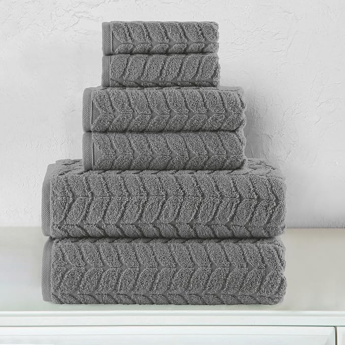Elegant Comfort Luxury 6-Piece 100% Turkish Cotton Jacquard Braided Textured Premium Hotel Quality Towel Set– Soft and Absorbent, Includes 2 Bath Towels, 2 Hand Towels and 2 Washcloths, Gray