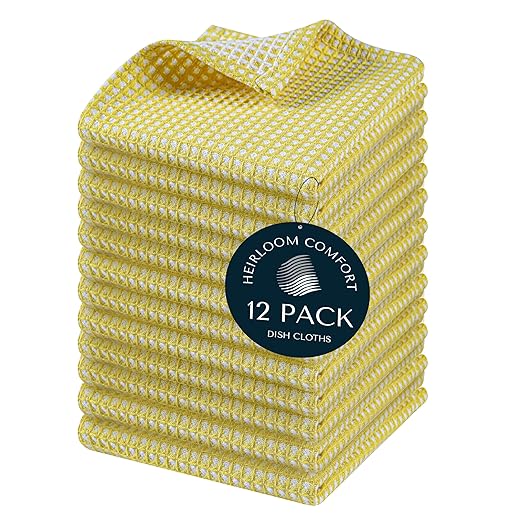 Dual Waffle Weave Dish Cloth, 12 Pack, 12x12 Inch, 100% Cotton, Reversible, Super Absorbent, Quick Dry, Soft for Cleaning, Durable Dishcloth Set, Hand Dish Rag, Lemon Yellow