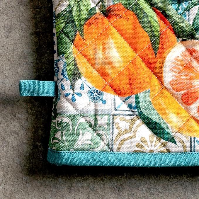Maison d' Hermine 100% Cotton Oven Mitt & Pot Holder Set (7.5"x13" & 8"x8") Heat Resistant BBQ Cooking Gloves with Loop Baking Grilling Kitchen Gifts for Mothers Day Spring/Summer (Agrume)
