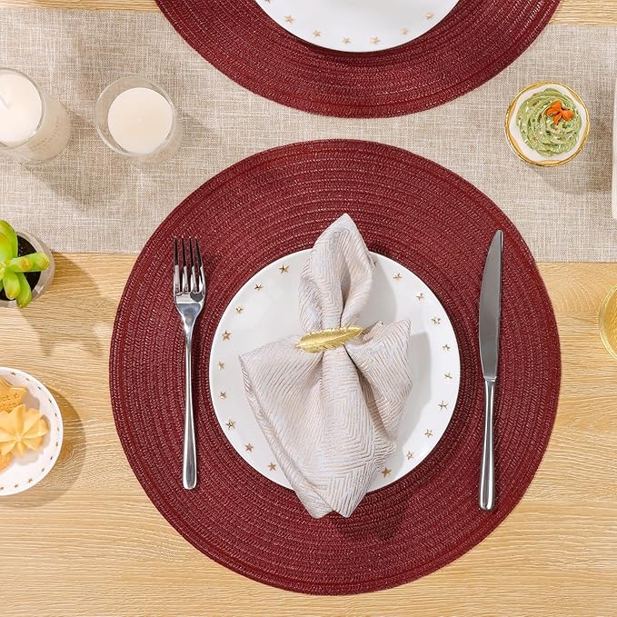 SHACOS Round Placemats Set of 8 for Dining Table 15 inch Round Braided Place Mats Cotton Polyester Washable Non Slip Kitchen Table Mats, Burgundy