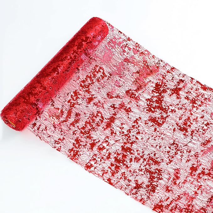 Snowkingdom Red Sparkly Table Runner Glitter Sequin Glitter Metallic Foil Mesh Lace 11 Inch x 49 Feet Long Roll Centerpieces Decorations for Wedding Anniversary Mother's Day Valentine Party Birthday